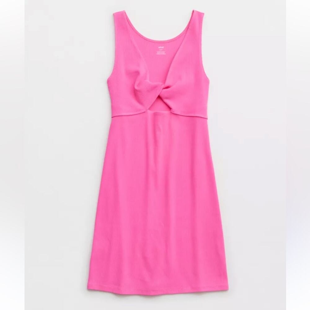 NEW Aerie Cotton Twist Front Cutout Ribbed Dress in Neon Pink - Size L